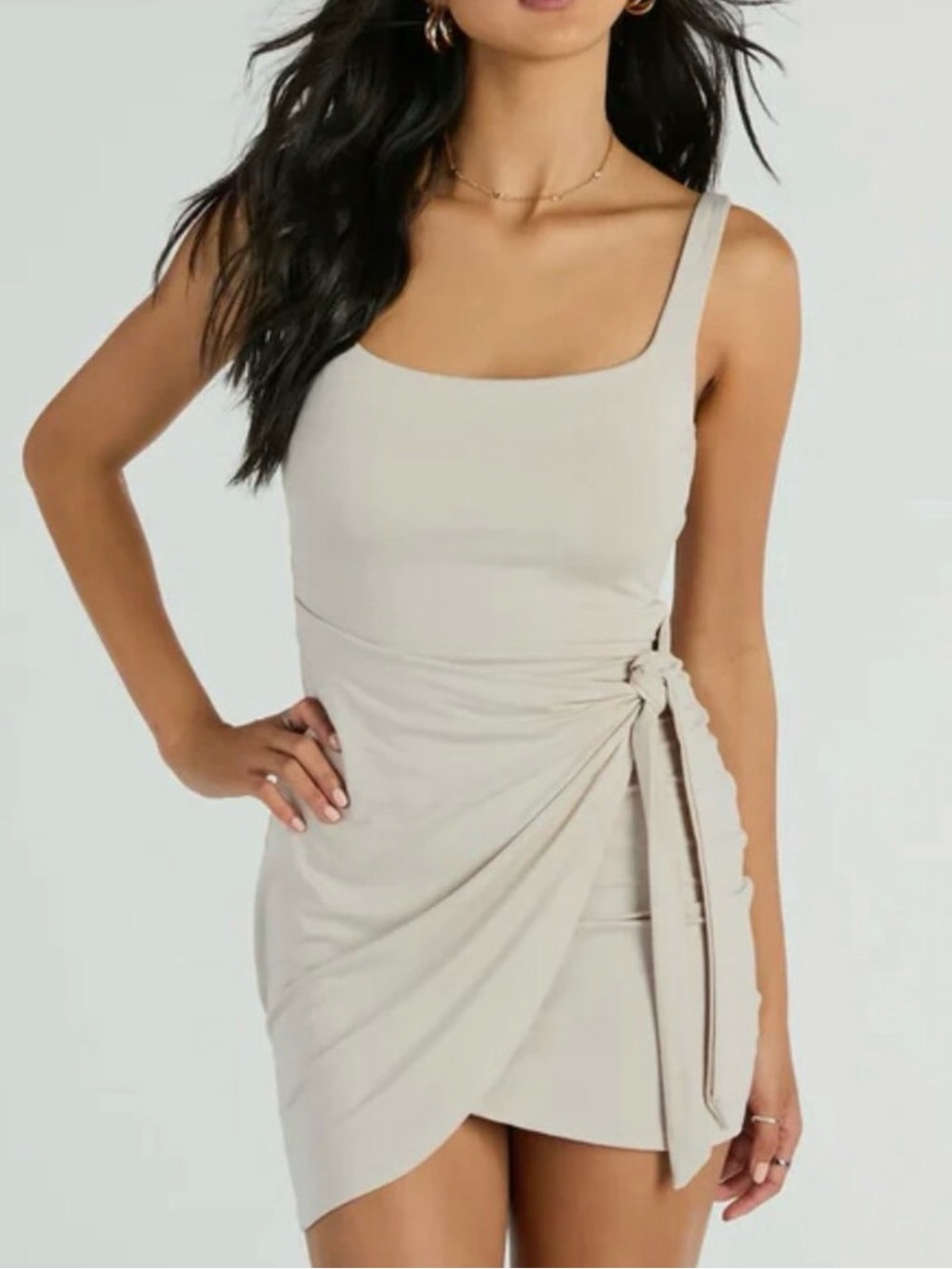 Windsor Square Neck Tie-Waist Mini Dress in Cream